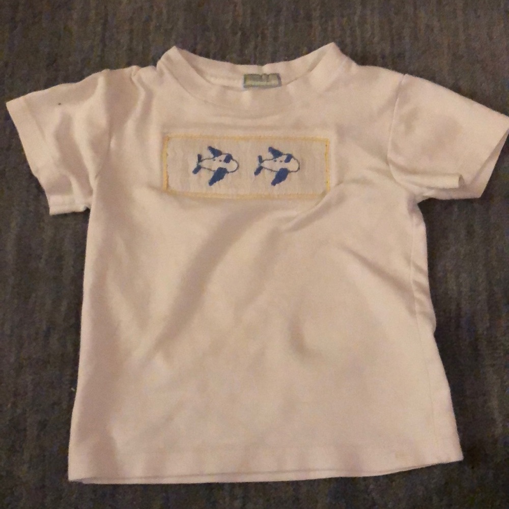 White and blue airplane smocked toddler top